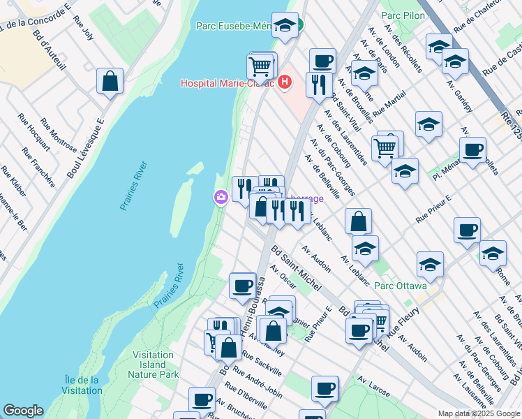 map of restaurants, bars, coffee shops, grocery stores, and more near 11026 Avenue Mackay in Montréal