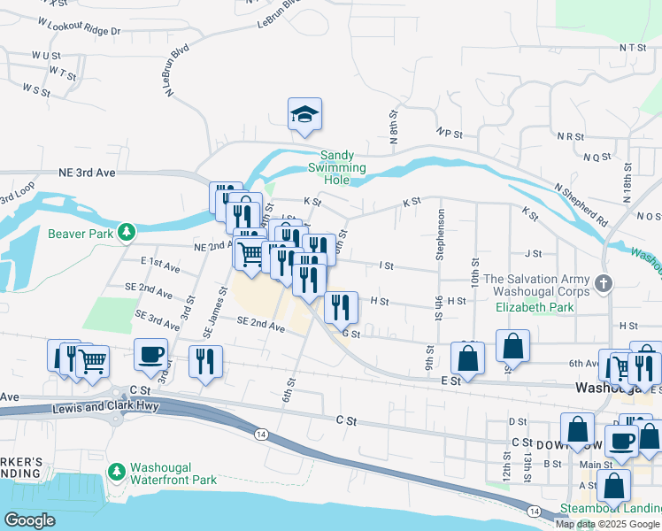 map of restaurants, bars, coffee shops, grocery stores, and more near 742 6th Street in Washougal