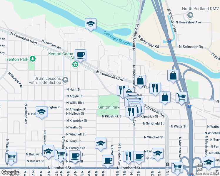map of restaurants, bars, coffee shops, grocery stores, and more near 6407 Argyle Way in Portland