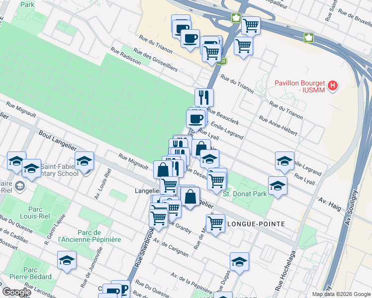 map of restaurants, bars, coffee shops, grocery stores, and more near Rue Sherbrooke Est in Montréal