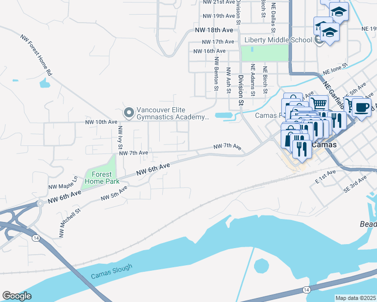 map of restaurants, bars, coffee shops, grocery stores, and more near 401 Northwest 6th Avenue in Camas
