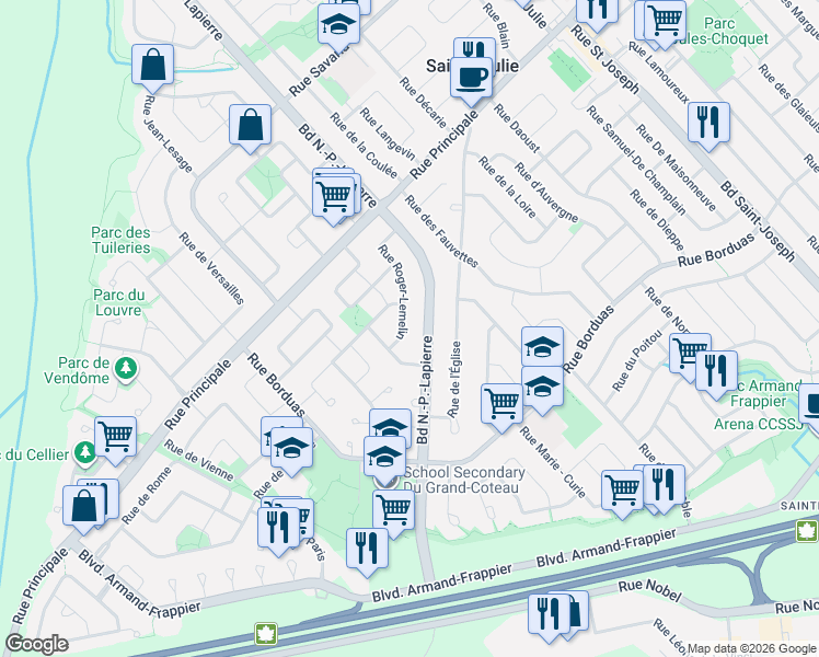 map of restaurants, bars, coffee shops, grocery stores, and more near 817 Rue Roger-Lemelin in Sainte-Julie
