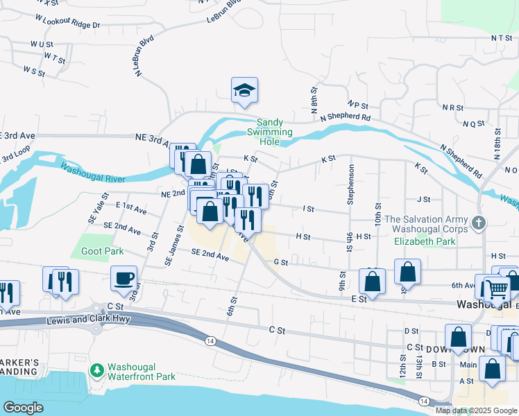 map of restaurants, bars, coffee shops, grocery stores, and more near 375 Northeast Lechner Street in Washougal