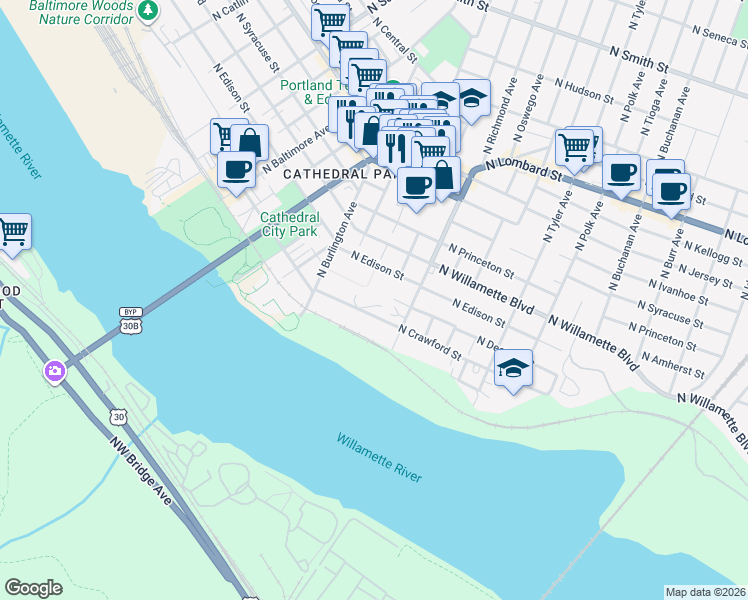 map of restaurants, bars, coffee shops, grocery stores, and more near 8301-8599 N Crawford St in Portland