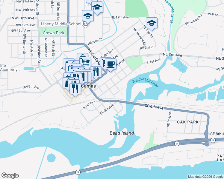 map of restaurants, bars, coffee shops, grocery stores, and more near 616 East 1st Avenue in Camas