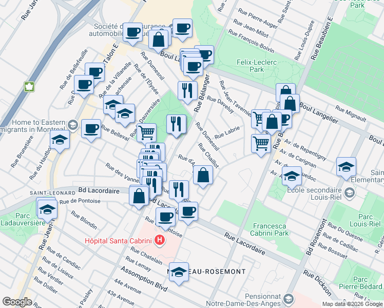 map of restaurants, bars, coffee shops, grocery stores, and more near 6172 Rue Desportes in Montréal