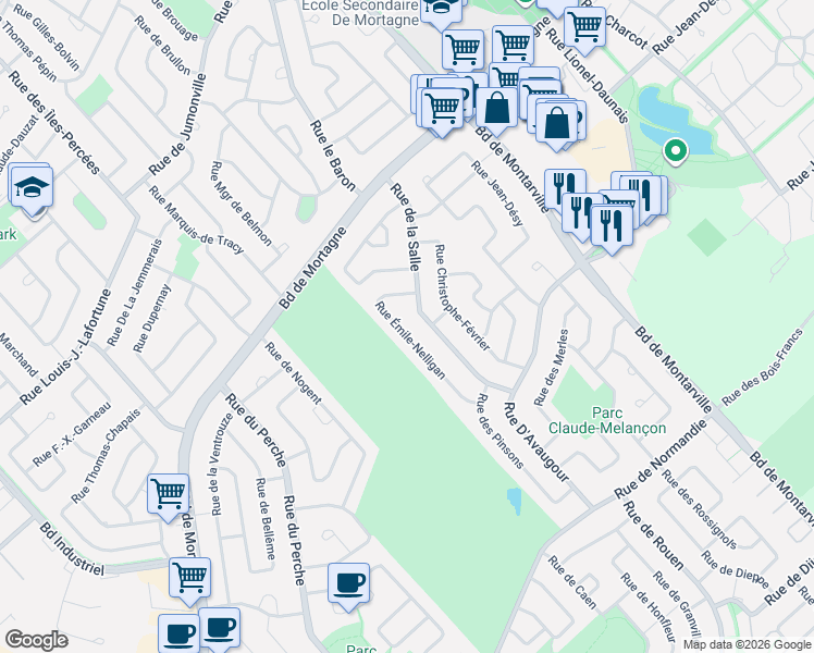 map of restaurants, bars, coffee shops, grocery stores, and more near 1027 Rue Émile-Nelligan in Boucherville