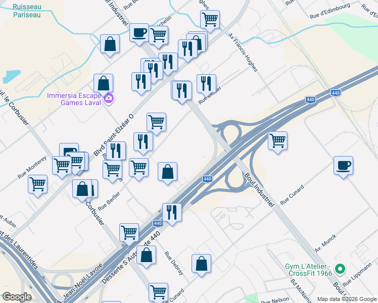 map of restaurants, bars, coffee shops, grocery stores, and more near in Laval