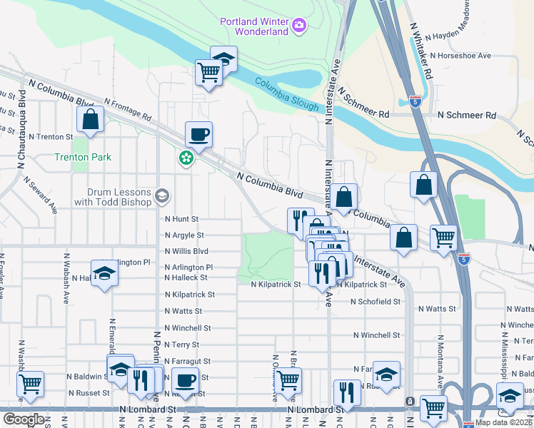 map of restaurants, bars, coffee shops, grocery stores, and more near 8550 North Argyle Way in Portland