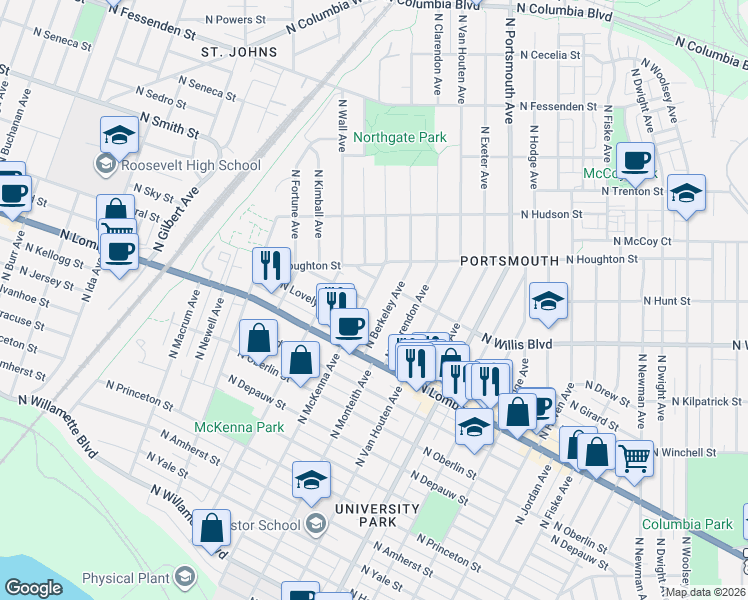 map of restaurants, bars, coffee shops, grocery stores, and more near 7910 North McKenna Avenue in Portland