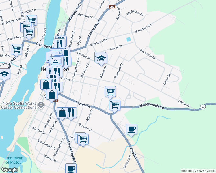 map of restaurants, bars, coffee shops, grocery stores, and more near 170 Grant Street in New Glasgow