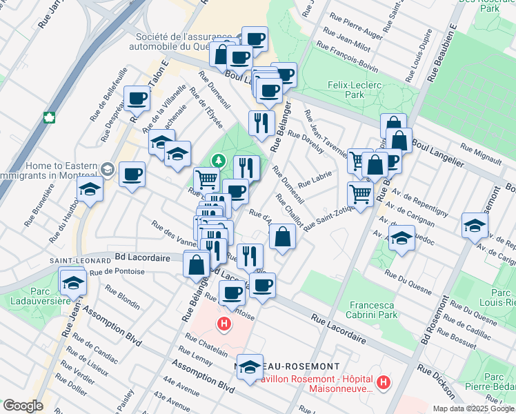 map of restaurants, bars, coffee shops, grocery stores, and more near 6165 Rue Des Portes in Montréal