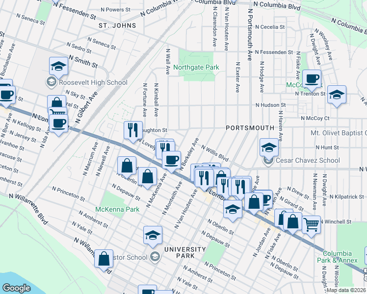 map of restaurants, bars, coffee shops, grocery stores, and more near 7804 North McKenna Avenue in Portland