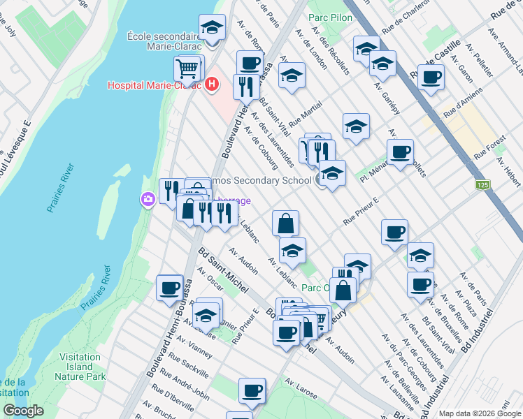 map of restaurants, bars, coffee shops, grocery stores, and more near 10833 Avenue Lausanne in Montréal