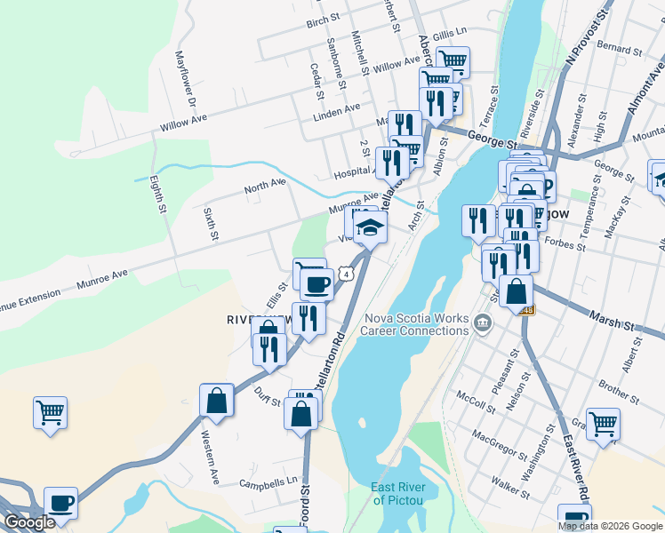 map of restaurants, bars, coffee shops, grocery stores, and more near 29 North Street in New Glasgow