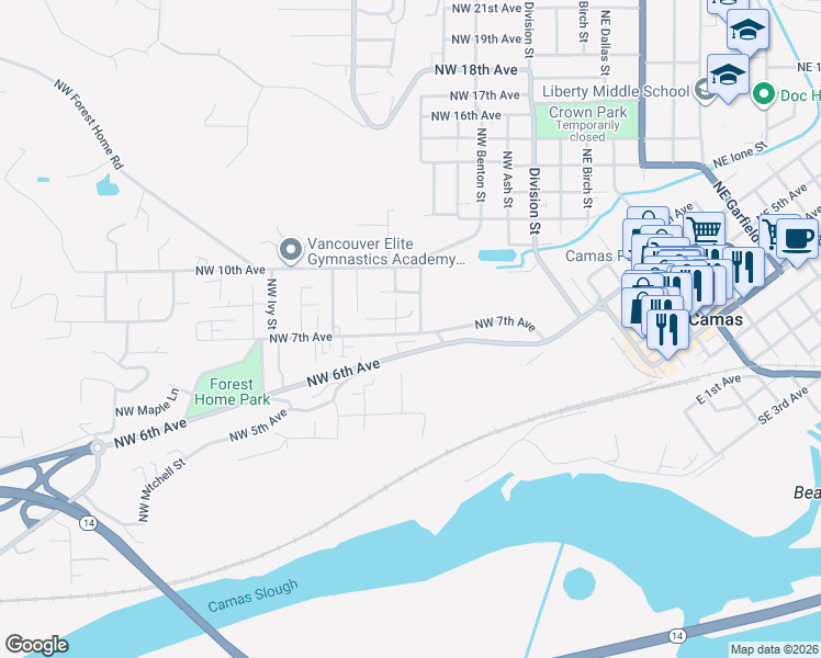 map of restaurants, bars, coffee shops, grocery stores, and more near 519 Northwest 7th Avenue in Camas