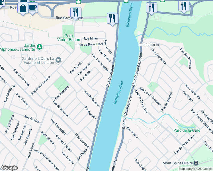 map of restaurants, bars, coffee shops, grocery stores, and more near 1588 Rue Richelieu in Beloeil