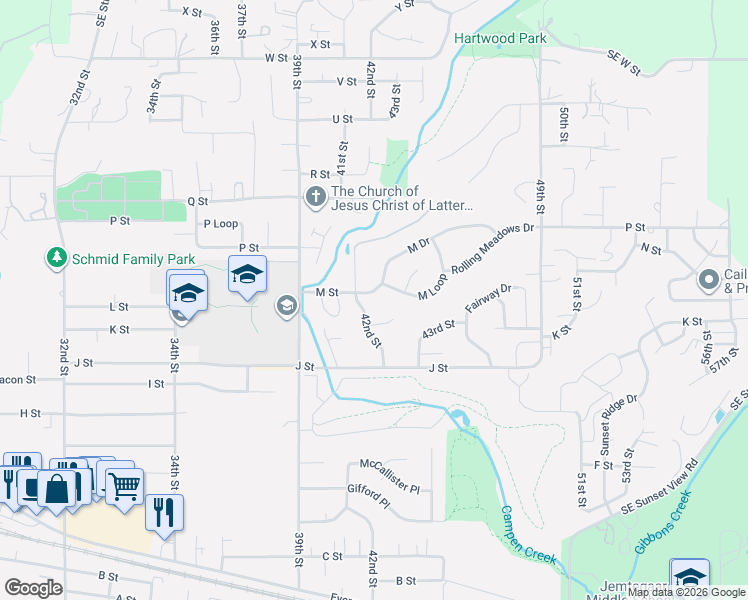 map of restaurants, bars, coffee shops, grocery stores, and more near 4214 M Drive in Washougal