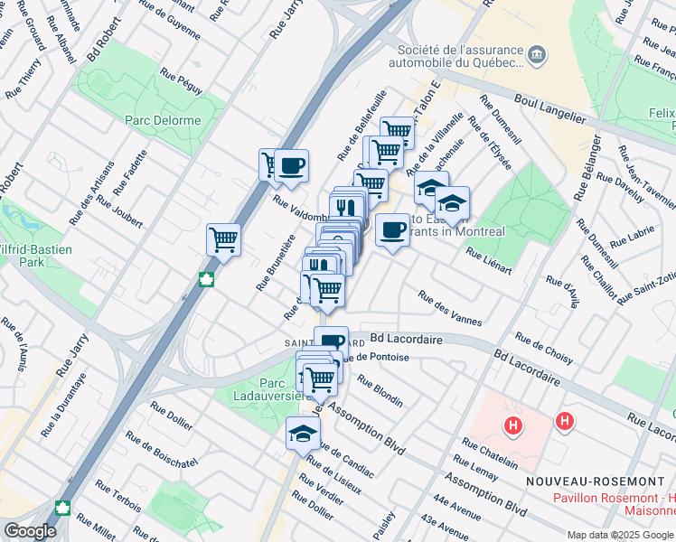 map of restaurants, bars, coffee shops, grocery stores, and more near 5850 Rue Jean Talon Est in Montreal