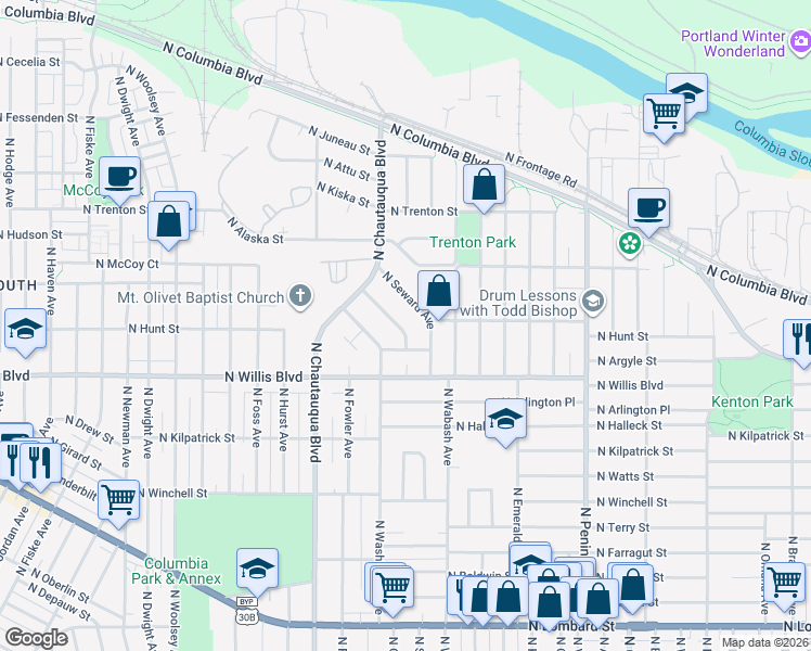 map of restaurants, bars, coffee shops, grocery stores, and more near 8634 North Chase Avenue in Portland