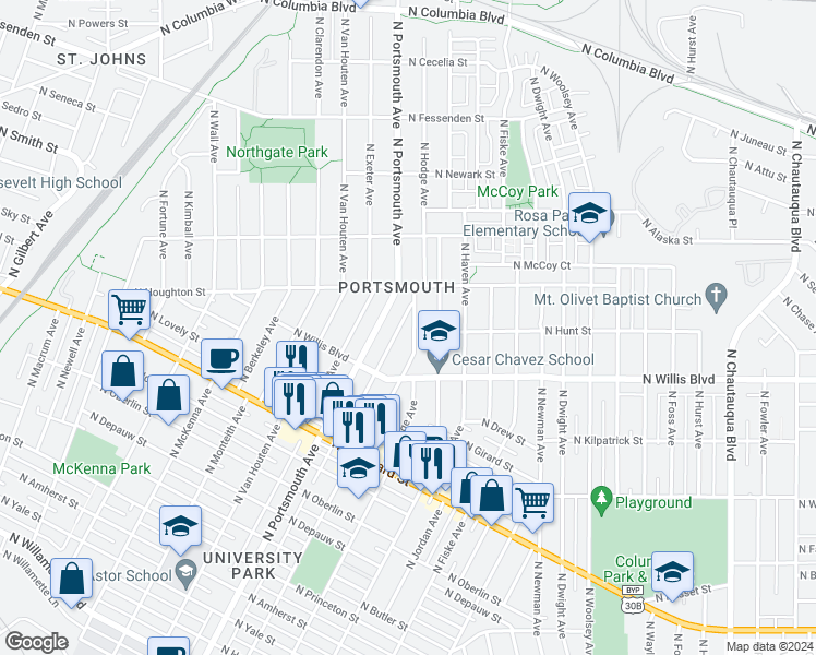 map of restaurants, bars, coffee shops, grocery stores, and more near 8633 North Hodge Avenue in Portland