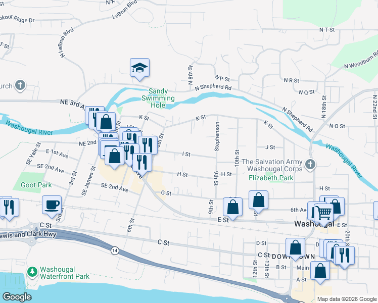 map of restaurants, bars, coffee shops, grocery stores, and more near 743 I Street in Washougal