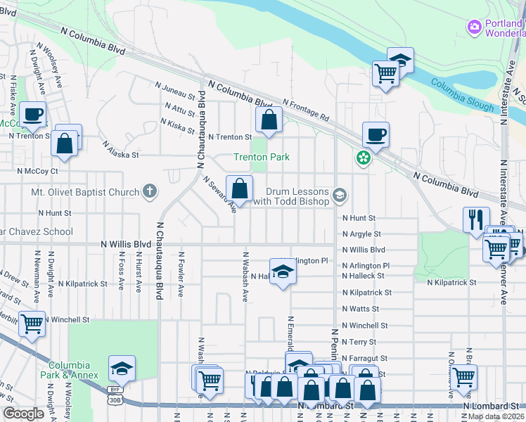 map of restaurants, bars, coffee shops, grocery stores, and more near 8625 North Endicott Avenue in Portland