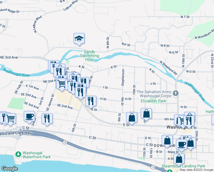 map of restaurants, bars, coffee shops, grocery stores, and more near 743 I Street in Washougal