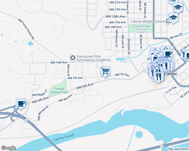 map of restaurants, bars, coffee shops, grocery stores, and more near 615 Northwest 7th Avenue in Camas