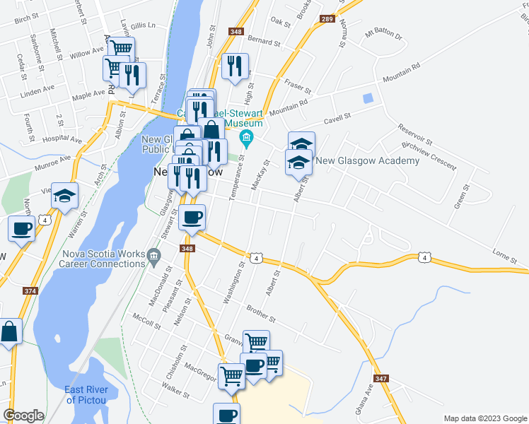 map of restaurants, bars, coffee shops, grocery stores, and more near 202 Washington Street in New Glasgow