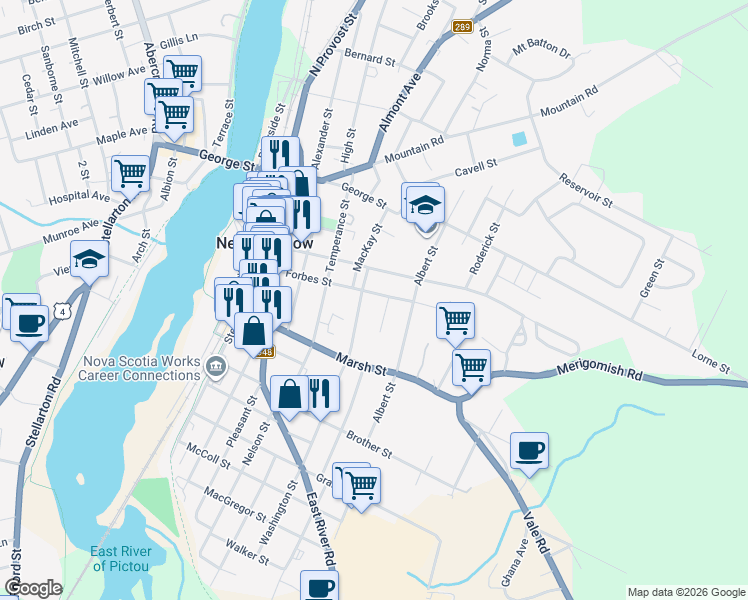 map of restaurants, bars, coffee shops, grocery stores, and more near 202 Washington Street in New Glasgow
