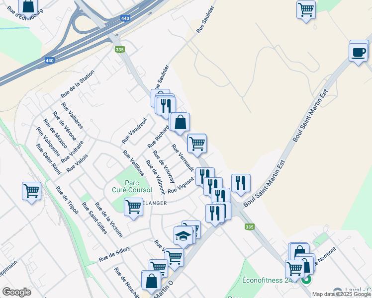 map of restaurants, bars, coffee shops, grocery stores, and more near 1970 Boulevard des Laurentides in Laval