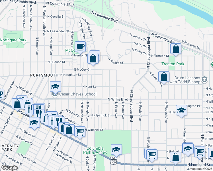 map of restaurants, bars, coffee shops, grocery stores, and more near 8606 North Dana Avenue in Portland