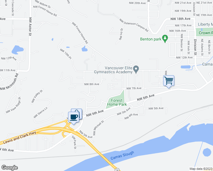 map of restaurants, bars, coffee shops, grocery stores, and more near 733 Northwest Meadow Ridge Lane in Camas