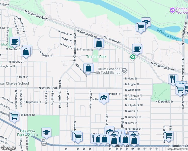 map of restaurants, bars, coffee shops, grocery stores, and more near 8531 North Endicott Avenue in Portland