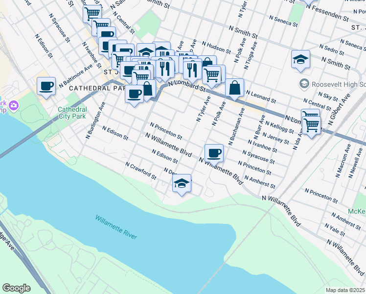 map of restaurants, bars, coffee shops, grocery stores, and more near 7804 North Willamette Boulevard in Portland