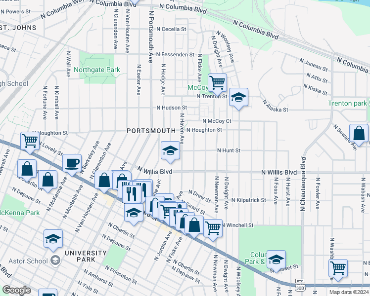 map of restaurants, bars, coffee shops, grocery stores, and more near 4923 North Hunt Street in Portland