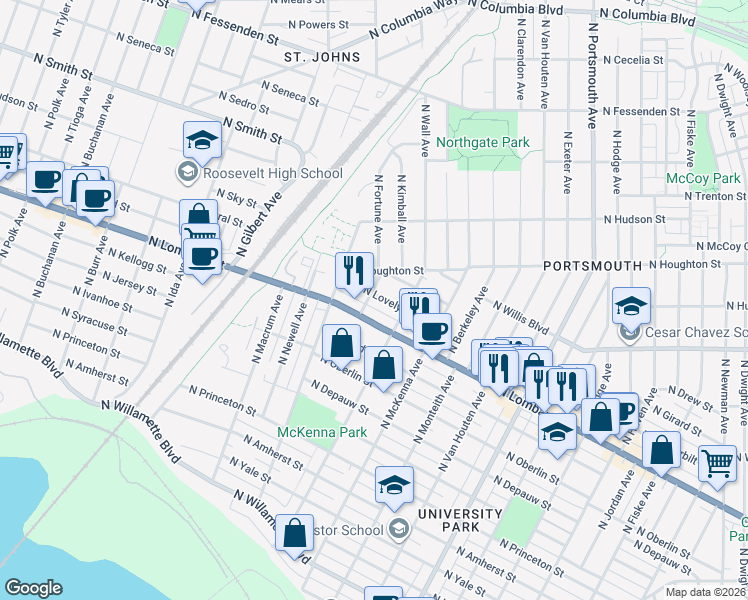 map of restaurants, bars, coffee shops, grocery stores, and more near 6222 North Lovely Street in Portland