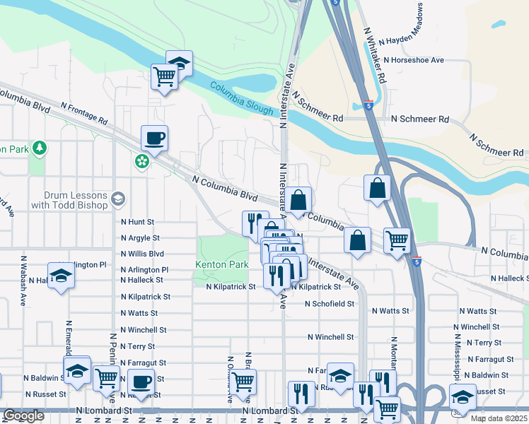 map of restaurants, bars, coffee shops, grocery stores, and more near 2030 North Columbia Boulevard in Portland