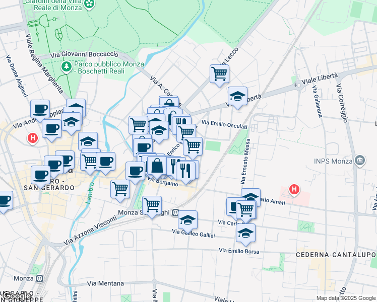 map of restaurants, bars, coffee shops, grocery stores, and more near 16 Via Giovanni Raiberti in Monza
