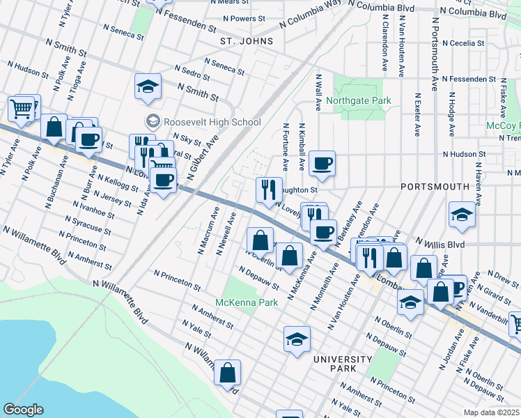 map of restaurants, bars, coffee shops, grocery stores, and more near 6300 North Lombard Street in Portland