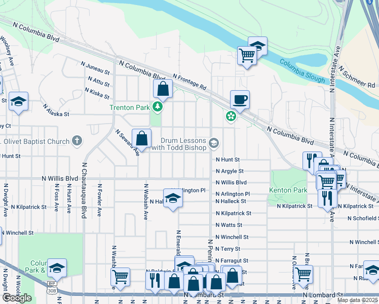 map of restaurants, bars, coffee shops, grocery stores, and more near 8533 North Curtis Avenue in Portland