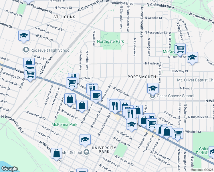 map of restaurants, bars, coffee shops, grocery stores, and more near 7804 North McKenna Avenue in Portland