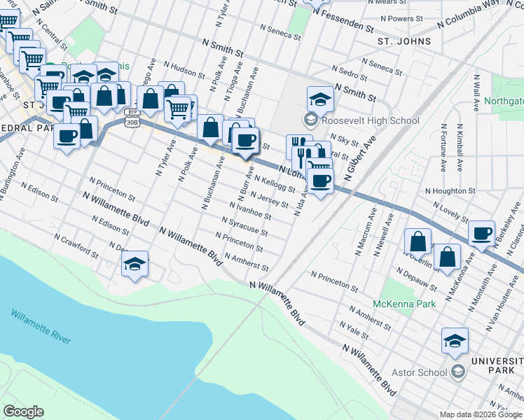 map of restaurants, bars, coffee shops, grocery stores, and more near 7127 North Syracuse Street in Portland
