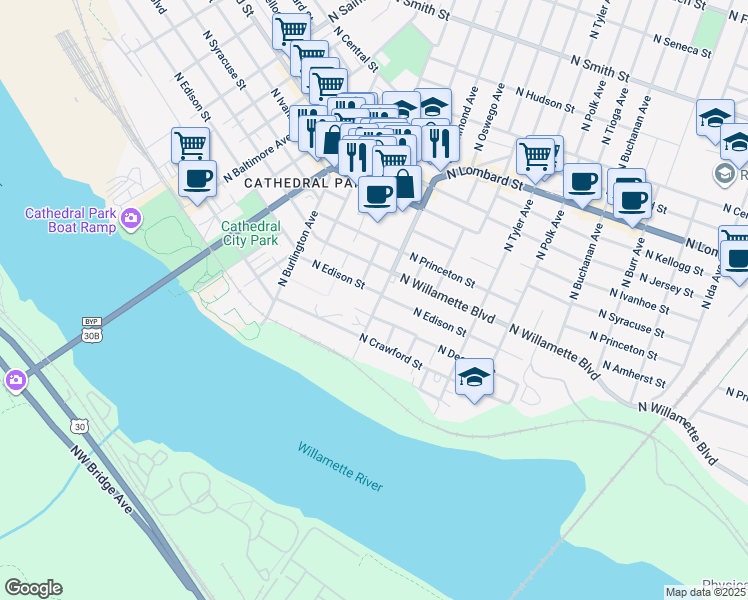 map of restaurants, bars, coffee shops, grocery stores, and more near 6729 North Richmond Avenue in Portland