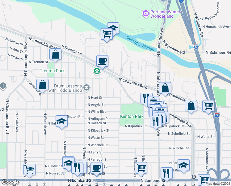 map of restaurants, bars, coffee shops, grocery stores, and more near 8732 North Tyndall Avenue in Portland