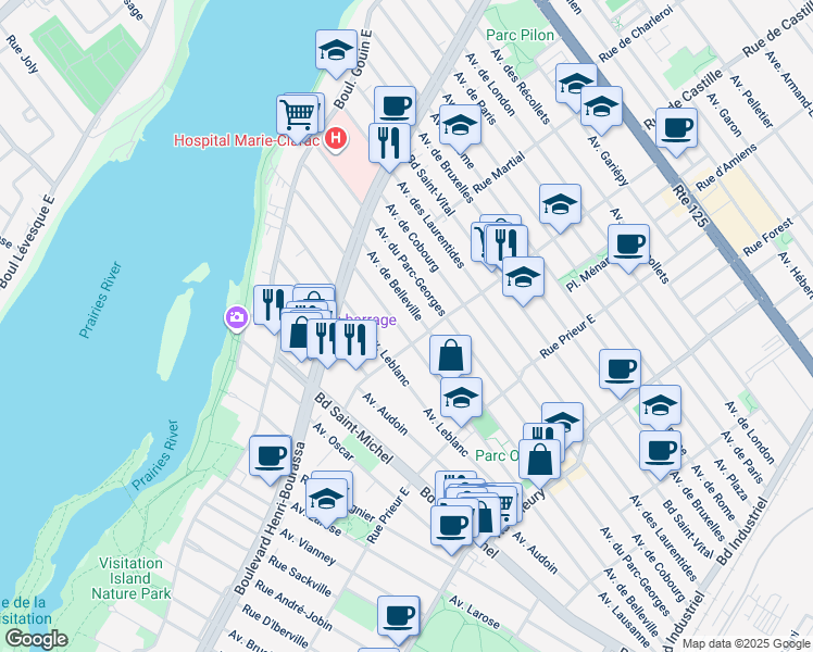 map of restaurants, bars, coffee shops, grocery stores, and more near 10831 Avenue Lausanne in Montréal
