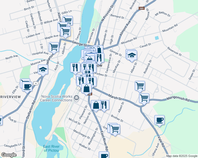 map of restaurants, bars, coffee shops, grocery stores, and more near 220 James Street in New Glasgow