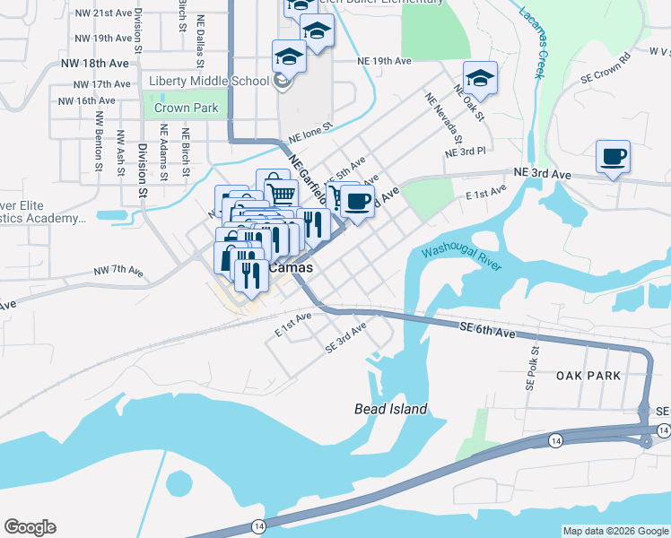 map of restaurants, bars, coffee shops, grocery stores, and more near 624 Northeast 2nd Avenue in Camas