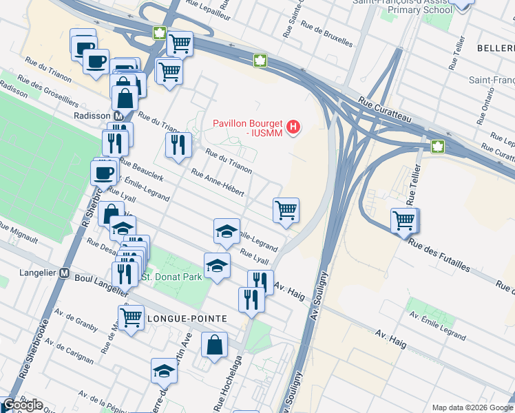 map of restaurants, bars, coffee shops, grocery stores, and more near 2664 Rue Anne-Hébert in Montréal